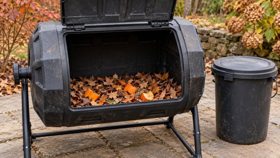 Open compost tumbler partly filled with leaf mix beside a closed bucket for surplus pumpkin.